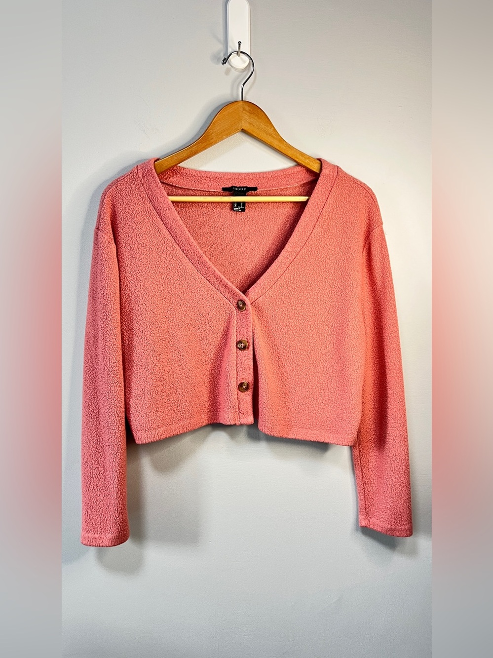 Cropped Pink V-Neck Button-Front Sweater Size Small